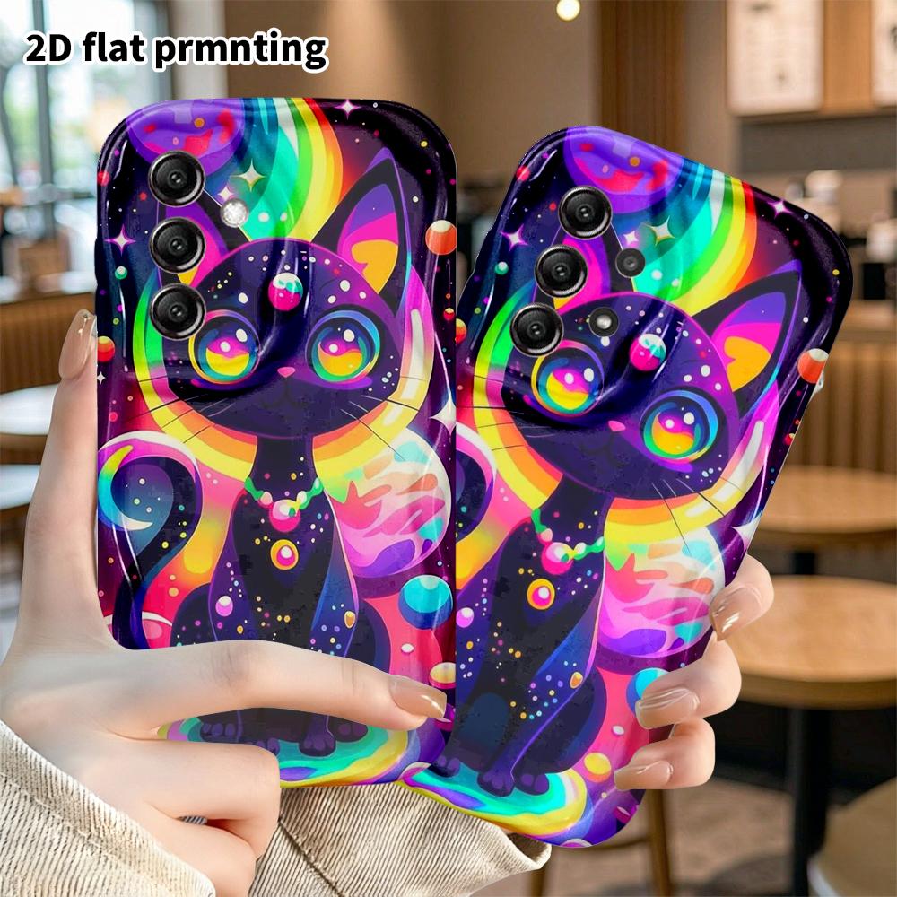 Phone Case: 2D flat, suitable for Samsung Galaxy A34 A35 M05 M06 S20 S22 S21 FE Plus 5G protective case, neon little black cat, perfect holiday gift f