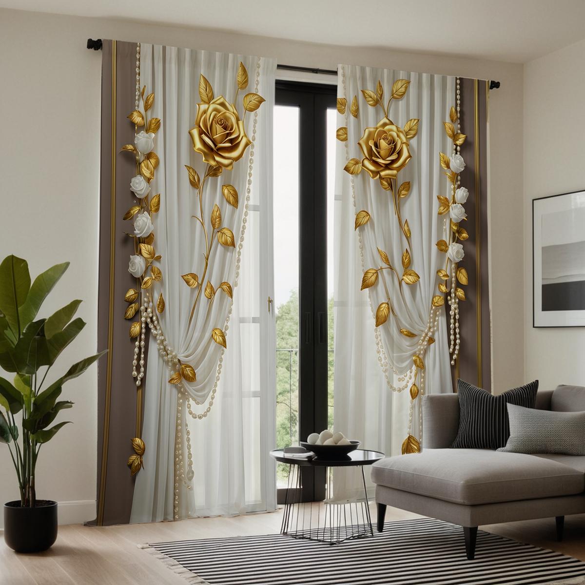 

2 шт. HD золотая роза декоративная занавеска Белая занавеска с цифровой печатью украшение для дома стиль украшение гостиная спальня r W52H63inchW132H160cm