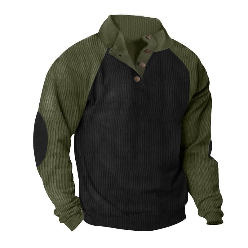 Autumn/Winter Men's Outdoor Raglan Sleeve Casual Stand Collar Loose-Fit Corduroy Colour-Blocked Sports Sweatshirt