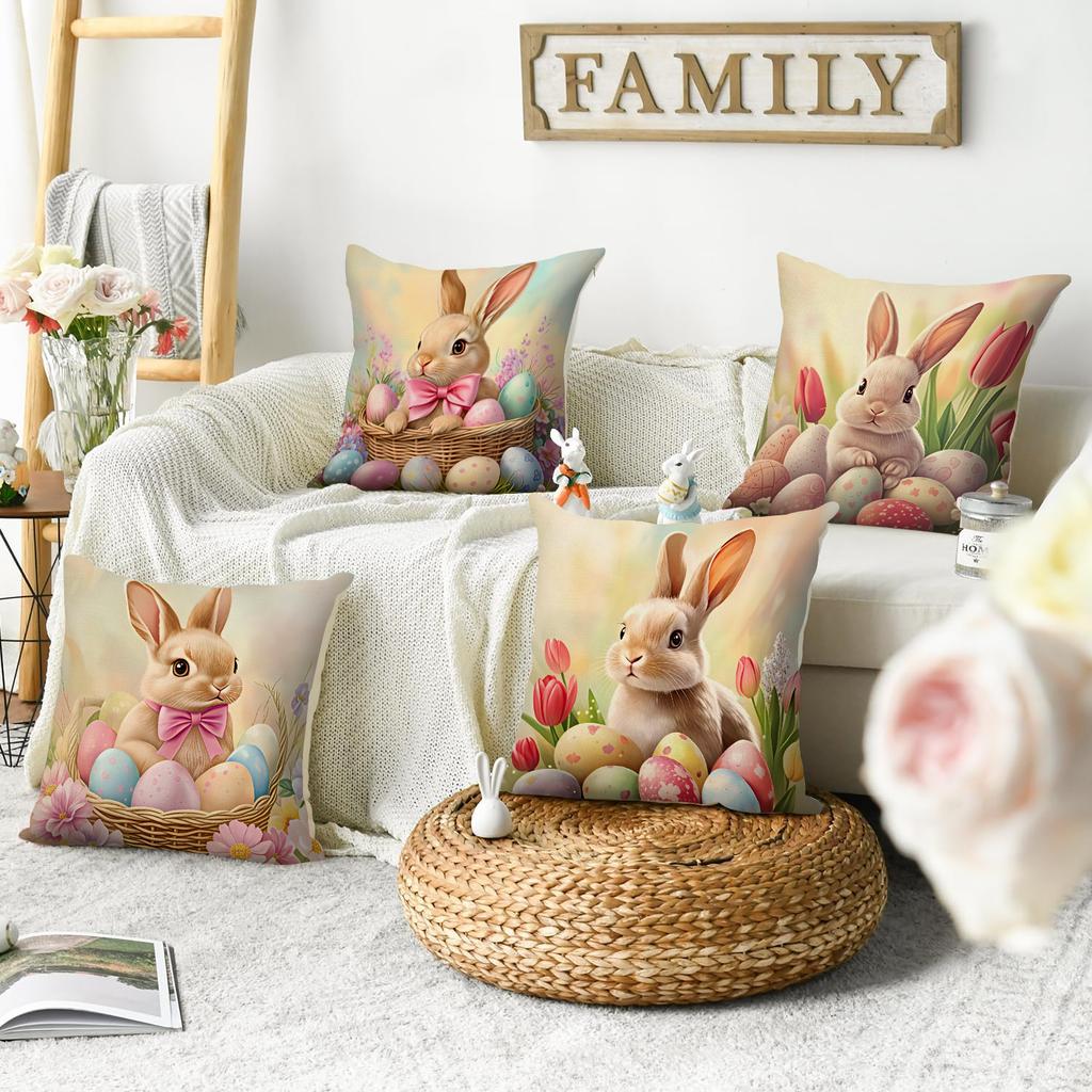 4Pcs Easter Happy Pillowcase, Cute Rabbit, Plant Flowers, Easter Egg Pillowcase, Easter Party Decoration Sofa Cushion Cover