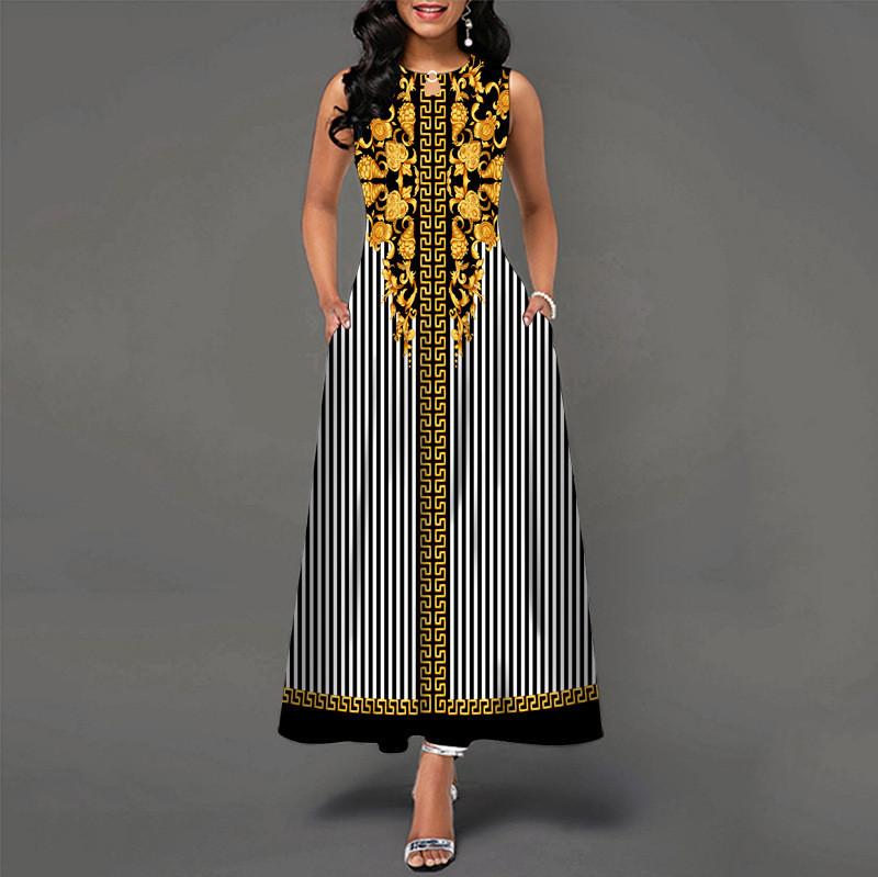 Urban Chic Printed Polyester Sleeveless Maxi Dress For Work And Casual Wear