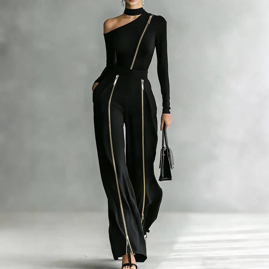 Women's Two-Zippered Pants with Long Sleeve Top Fashion Set