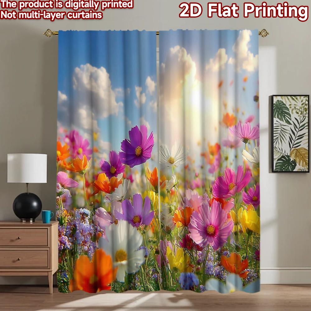 2D Flat Printing 2pcs Curtains Cosmos Flowers Field Sunny Day Digital Printed Polyester Drapes Family Party Decoration for