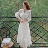 2024 Chic White French Puff Sleeve Knee-Length Beach & Travel Dress for Spring & Summer