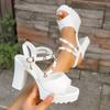 Fashion Platform Block Heel Sandals Summer New Round Toe Open Toe Pearl One-Slip Wear-Resistant High Heels