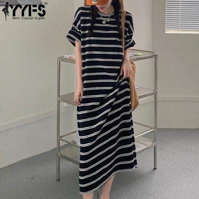 Moda Donna Estate Primavera Stampa a Righe Maniche 1/2 Scollo O Vita Larga Abiti Casual
