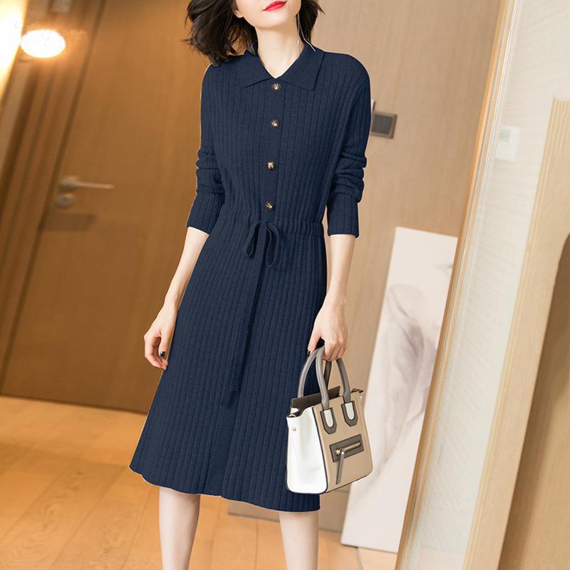 Spring Autumn Lapel Knit Dress Women's Long Loose Tie Sweater Dresses