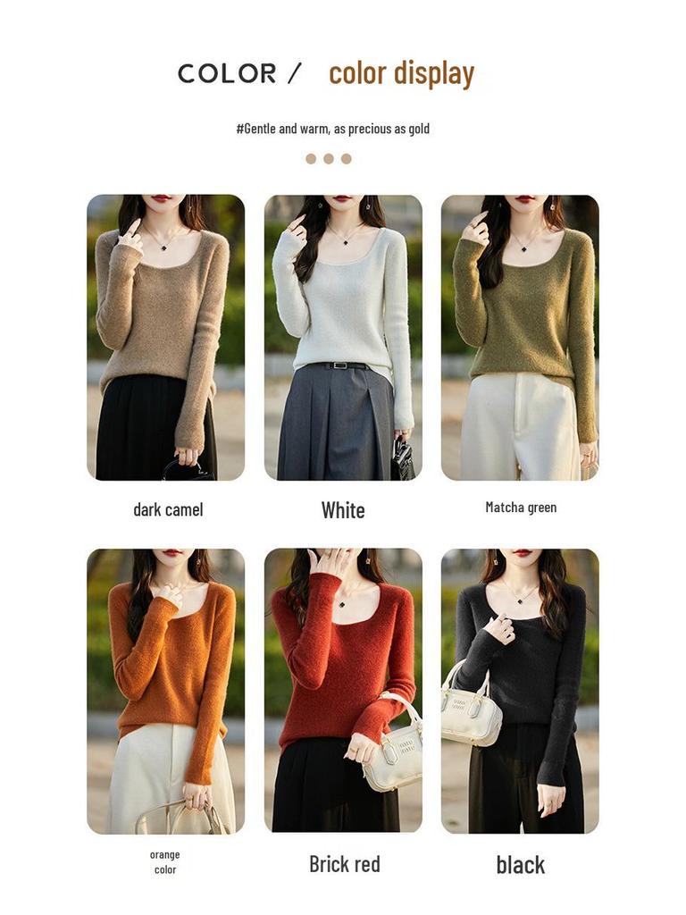 Slim Fit U-Neck Cashmere Sweater: Women's Elegant Spring/Autumn Knitwear Pullover