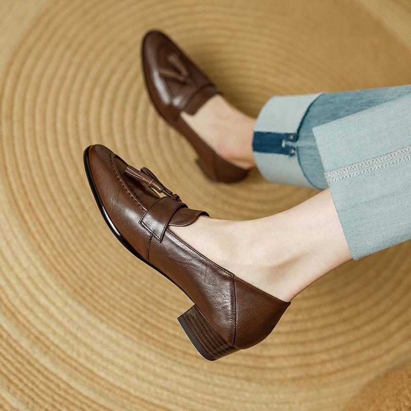 Fashion 2025 Spring Cowhide Women Shoes Round Toe Chunky Heel Women Pumps Shoes for Women Genuine Leather Loafers Tassels Ladies Shoes