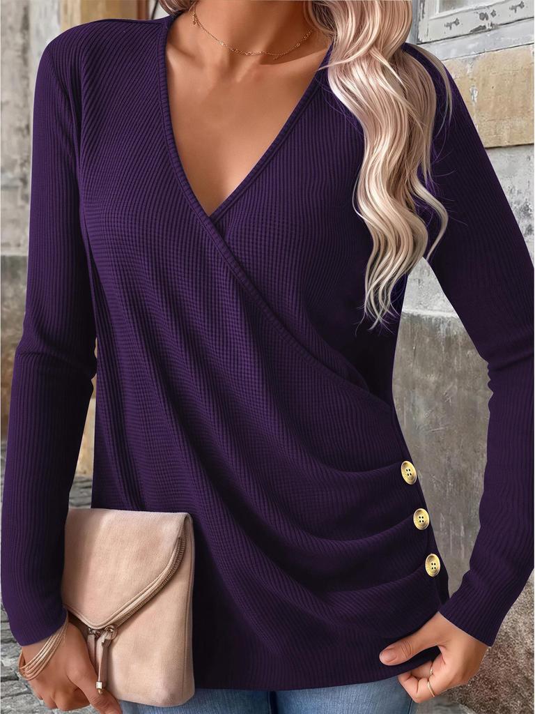 2025 Autumn Plus Size V-Neck Button Waffle Knit Women's T-Shirt