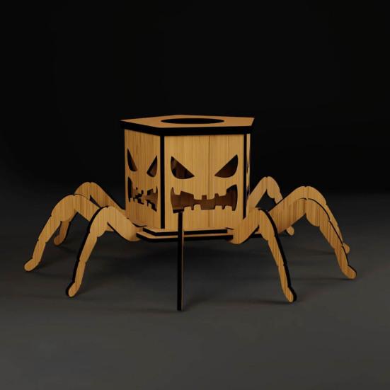 Halloween Lighted Pumpkin Lantern LED Wooden Spider Pumpkin Lamp with Spooky Face for Halloween Party Home Yard Decor
