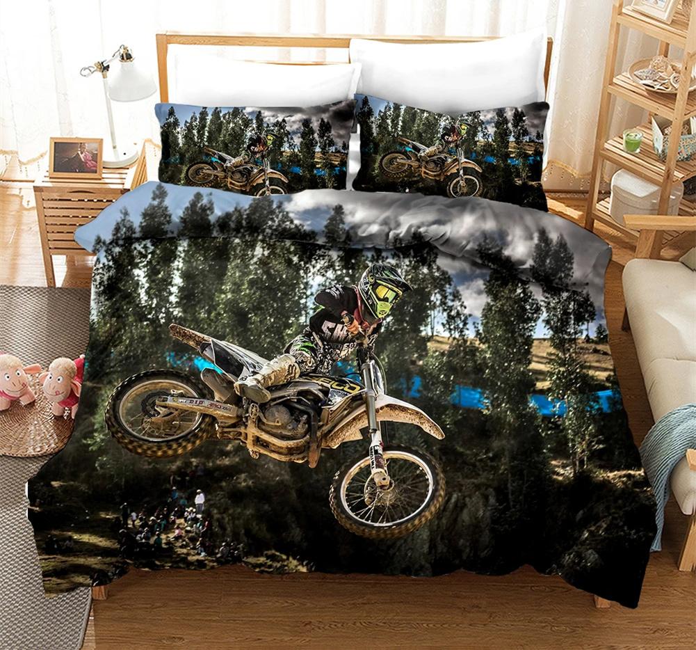 Motorrad Bettwäsche Set 3D Druck Autos Bettbezug mit Kissenbezug Motocross Tagesdecke Jungen Kinder Bettset King Size Heimtextilien