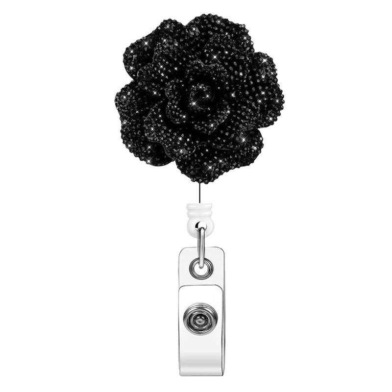 

Resin Rose Flower Easy-Pull Buckle 360-Degree Rotatable Retractable ID Badge Holder Flower Lanyard Keychain Black Flower