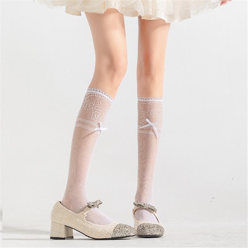 Fishnet Knee Highs Socks Meshes Socks Sweet Bowknot Tie Fishnets Tights Cosplays Costumes Sweet Tube Socks Stockings
