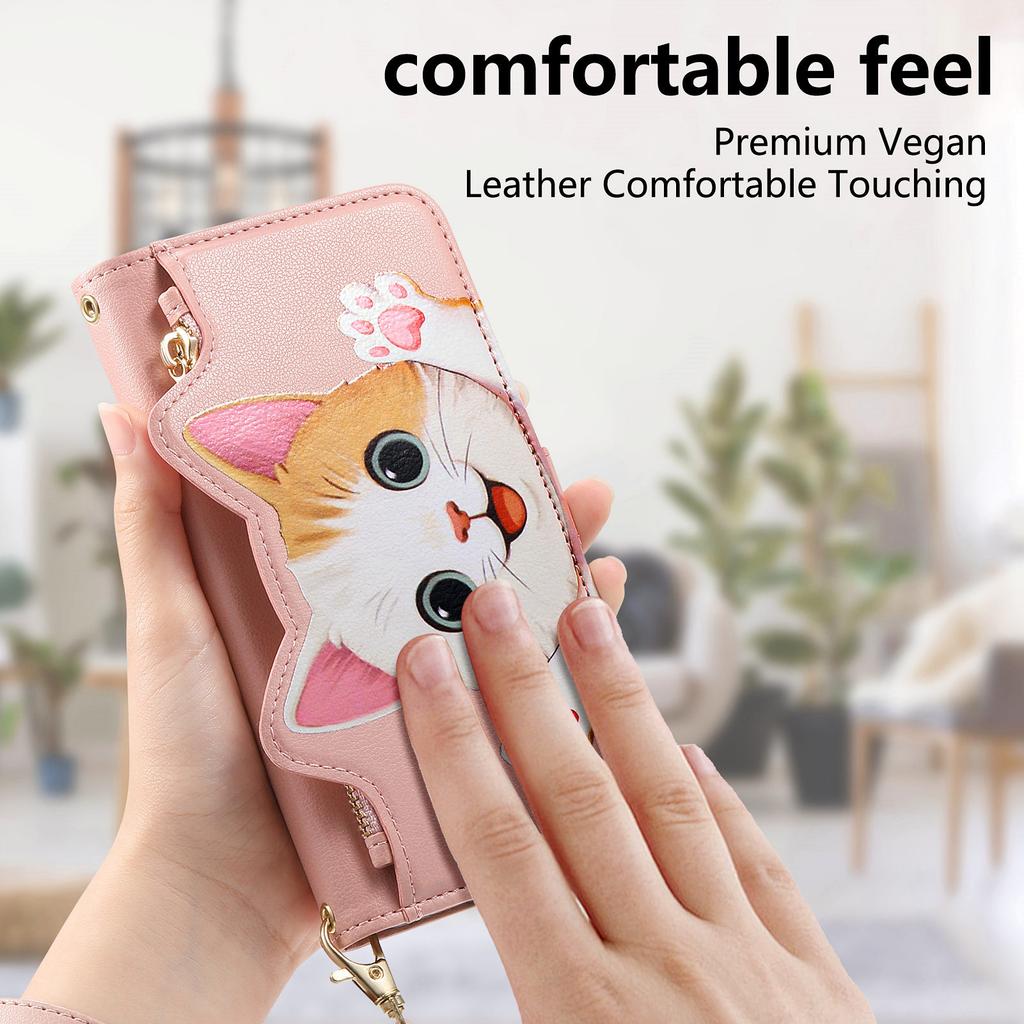 Cute Cat Crossbody long Lanyard Flip Wallet Leather Case for iPhone 17 Pro max 16 15 14 13 12 11 Shockproof Book Stand Cover