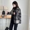 Women Check Pattern Woolen Coat Causal Loose Long Sleeves Jacket Fashion Warm Round Neck Single Breasted Buckle Outerwear Spring Autumn