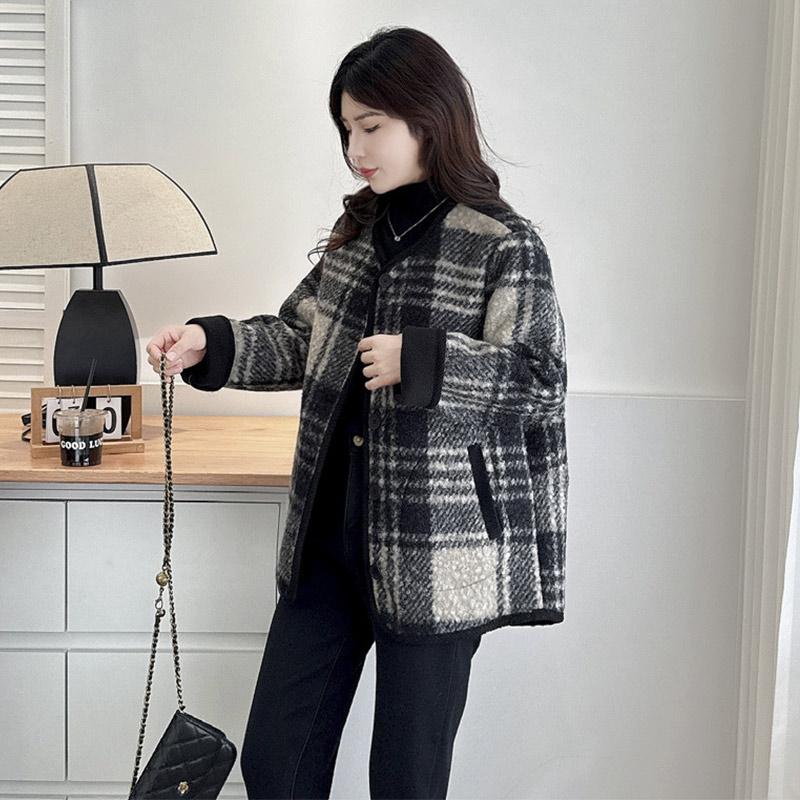 Women Check Pattern Woolen Coat Causal Loose Long Sleeves Jacket Fashion Warm Round Neck Single Breasted Buckle Outerwear Spring Autumn