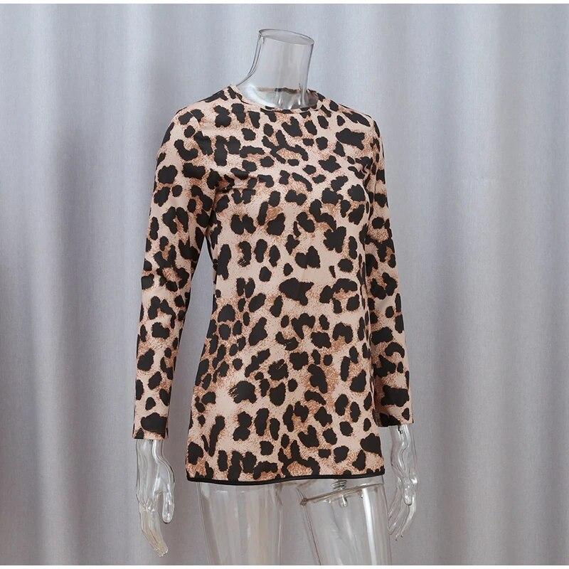 New Sexy Leopard Print One Piece Dress Women Casual Simple Round Neck Vintage Slim Clothing Female Fashion Design High Street Mini Dresses