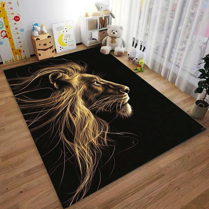 Lion Profile Glow Design Carpet, Black Background Modern Rug. Suitable for use as an anti-slip for living room bedroom sofas