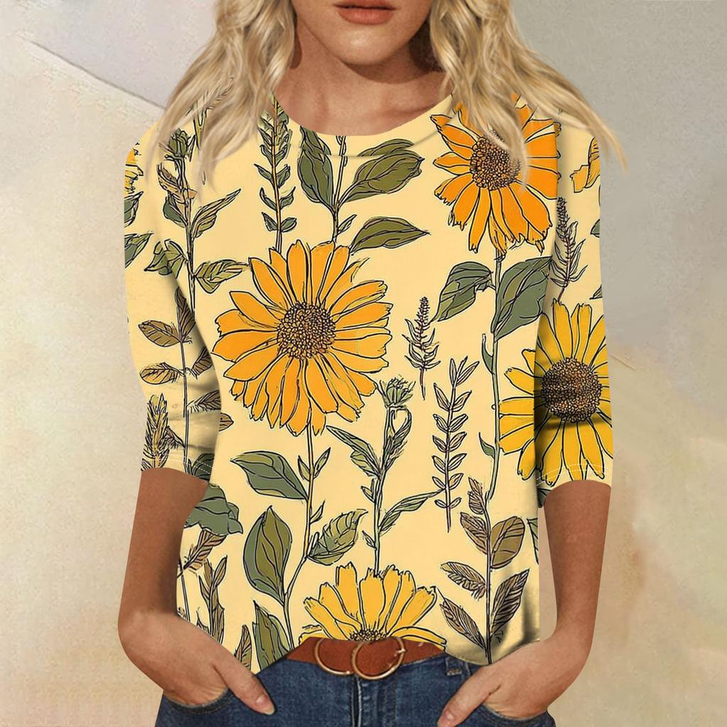 Women's Fashionable Casual Round Neck Three-Quarter Sleeve Printed T-Shirt Top