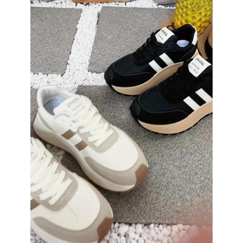 Women's Low-Top Sneakers - White & Beige Lace-Up Shoes, Synthetic Cover Upper, Cushioned Rubber Sole for Everyday & Formal Outfits - Fall Shoes