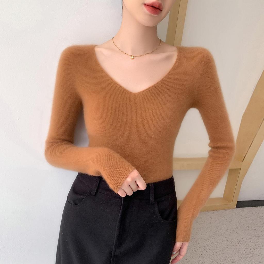 Women's V-Neck Cashmere Sweater - Loose Fit, Solid Color, Autumn/Winter Style