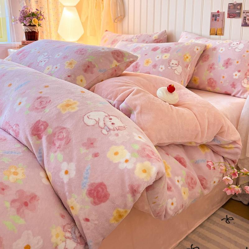 Winter Milk Fleece Bedding Set Coral Thick Sheet Duvet Cover Student Dorm