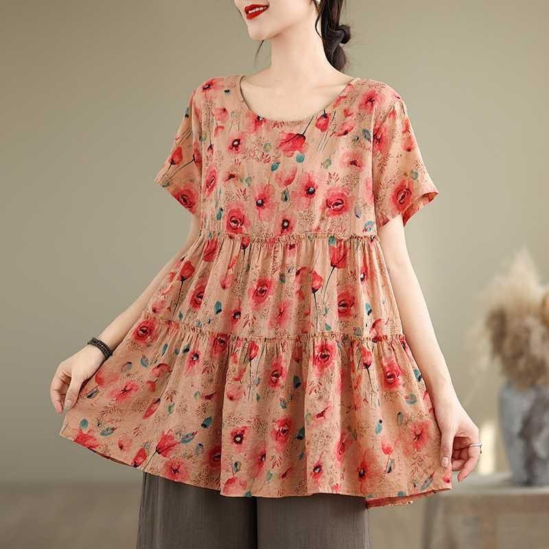 Neues bedrucktes gespleißtes Baumwollleinen Kurzarm-T-Shirt Lockeres Oberteil für Damen