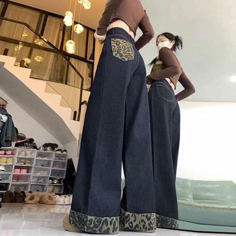 Women's Plus Size Black Leopard Print Patchwork Denim Jeans - Rolled Hem Loose Wide Leg Pants for Summer