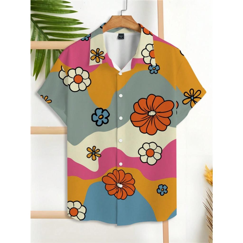 2025 New Summer Daily Fashion Short-sleeved Shirts 3D Flower-printed Men's Casual Shirts Outdoor Beach Hawaiian Style Shirts