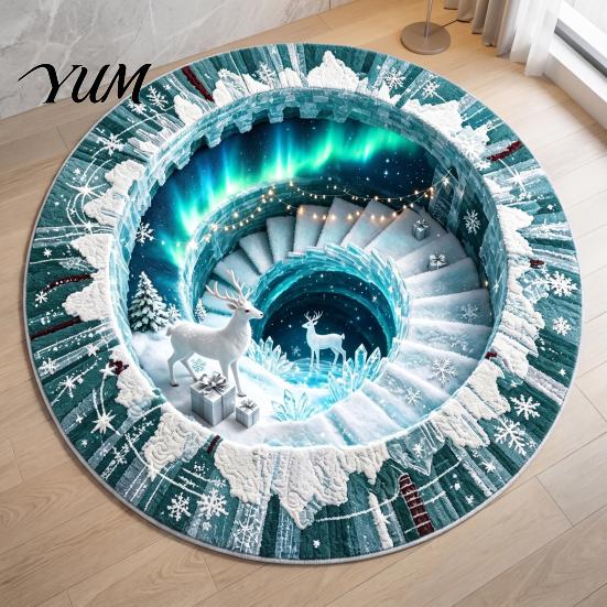 Santa Claus Floor Mat 3D Optical Illusion Round Christmas Rug, Cute Crystal Velvet Mat, Holiday Area Carpet Vivid Printed Circular for Entryway