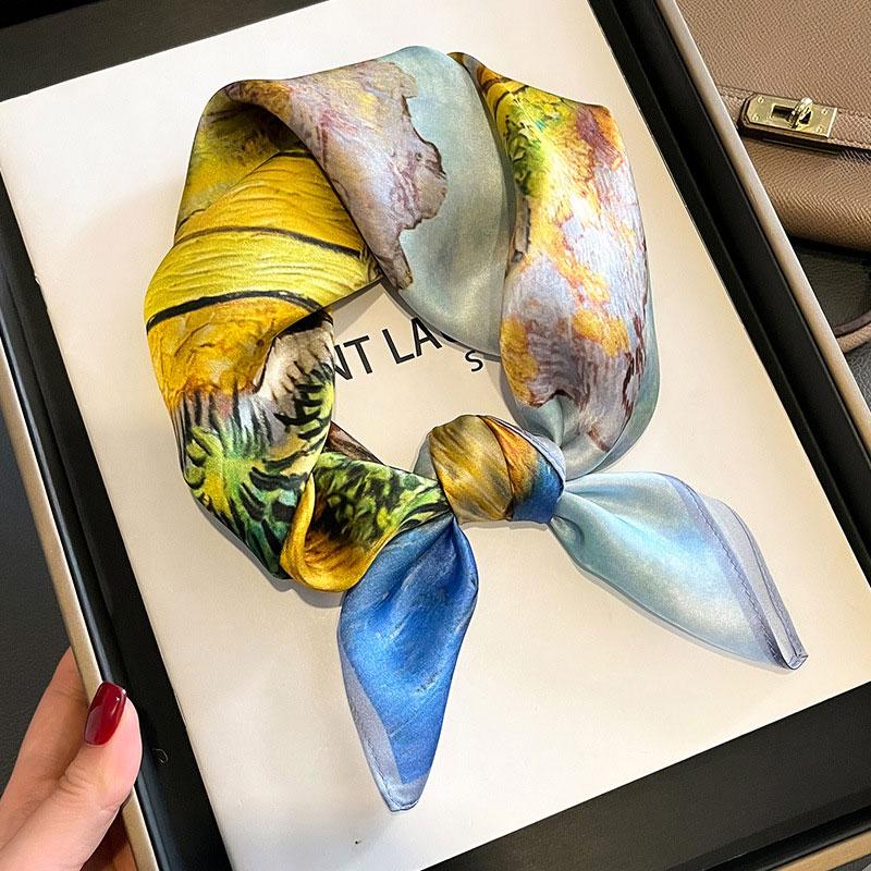 New Women Square 100% Natural Silk Scarf Foulard Bandana Lady Floral Neck Scarves for Hair Neckerchief Spring Bag Ties 53cm