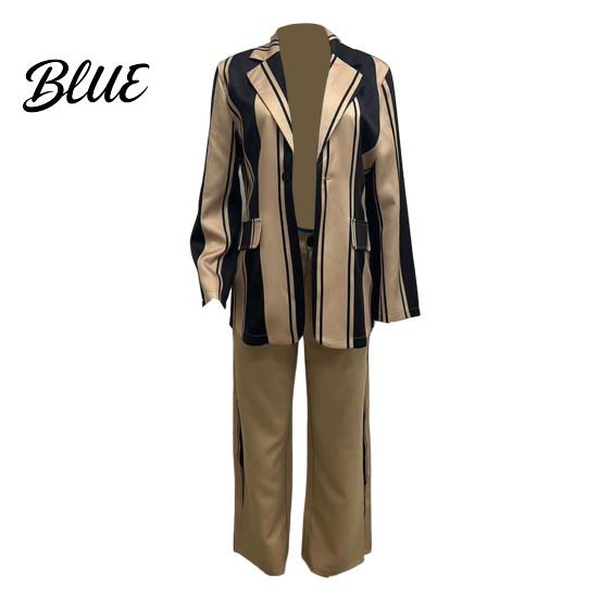 Ținută de Birou 2 Bucăți/Set Set Formal Doamnă Sacou Pantaloni Mânecă Lungă Bloc de Culoare Dungat Guler Revers Cardigan Jachetă Pantaloni Lungime Medie Crăpătură Pantalon Evazat