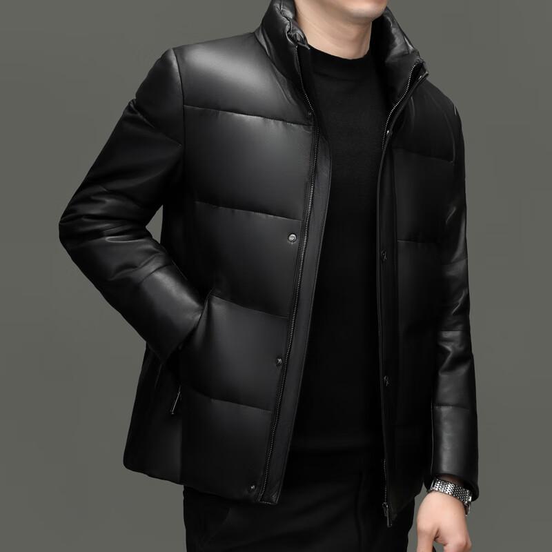 Yiliteng Men's Stand Collar Genuine Leather Goose Down Puffer Jacket