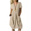 Women's V Neck Short Sleeve Linen Midi Dress Solid Color Pleated Front Side Pockets Loose Casual Summer Dress