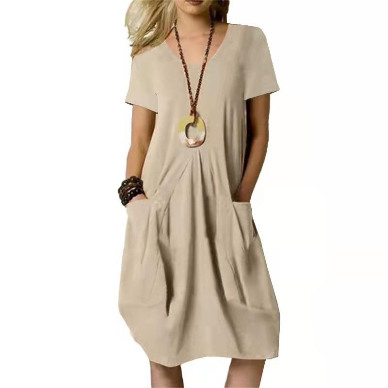 Women's V Neck Short Sleeve Linen Midi Dress Solid Color Pleated Front Side Pockets Loose Casual Summer Dress