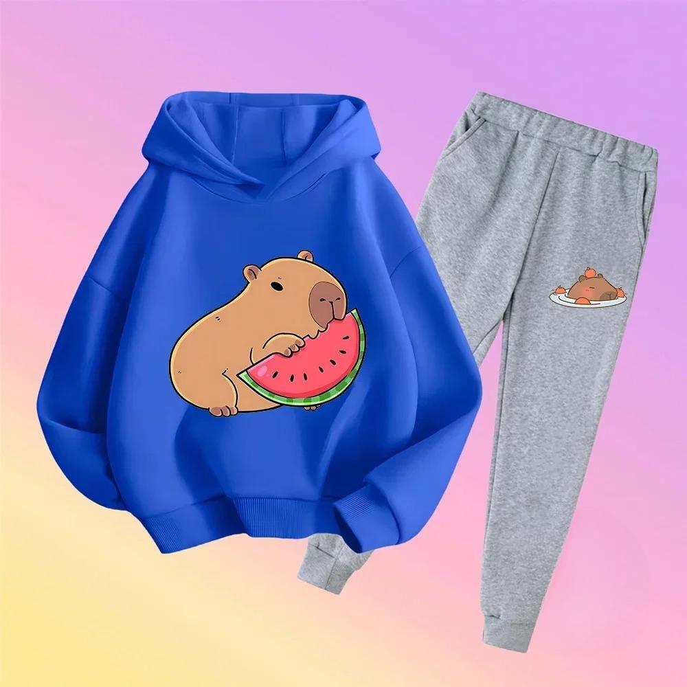 Autumn Winter New Capybara Cartoon Print Outfit Kids Hoodie Set Boys Girls 3-17 Casual Fashion Children's Set Trousers Pant Suit