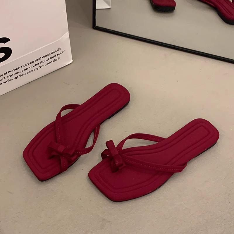 

2025 summer new bow toe flat slippers beach vacation cool slippers wearing flip-flops women 39 красный