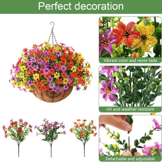 Yousheng Artificial Hanging Flowers Basket UV Resistant Outdoor Fake Hanging Plants Colorful Faux Silk Flowers Eucalyptus In Basket for Porch Patio