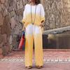 Women's Loose Fit Two-Piece Outfit Set 3/4 Sleeve Boat Neck Top High Waist Wide Leg Pants