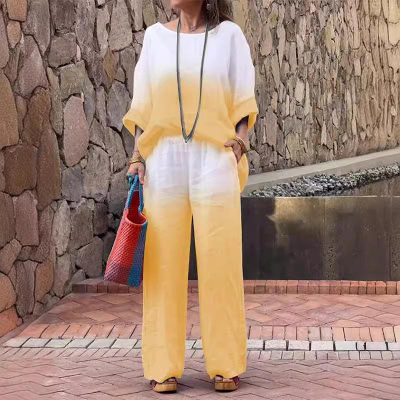 Women's Loose Fit Two-Piece Outfit Set 3/4 Sleeve Boat Neck Top High Waist Wide Leg Pants