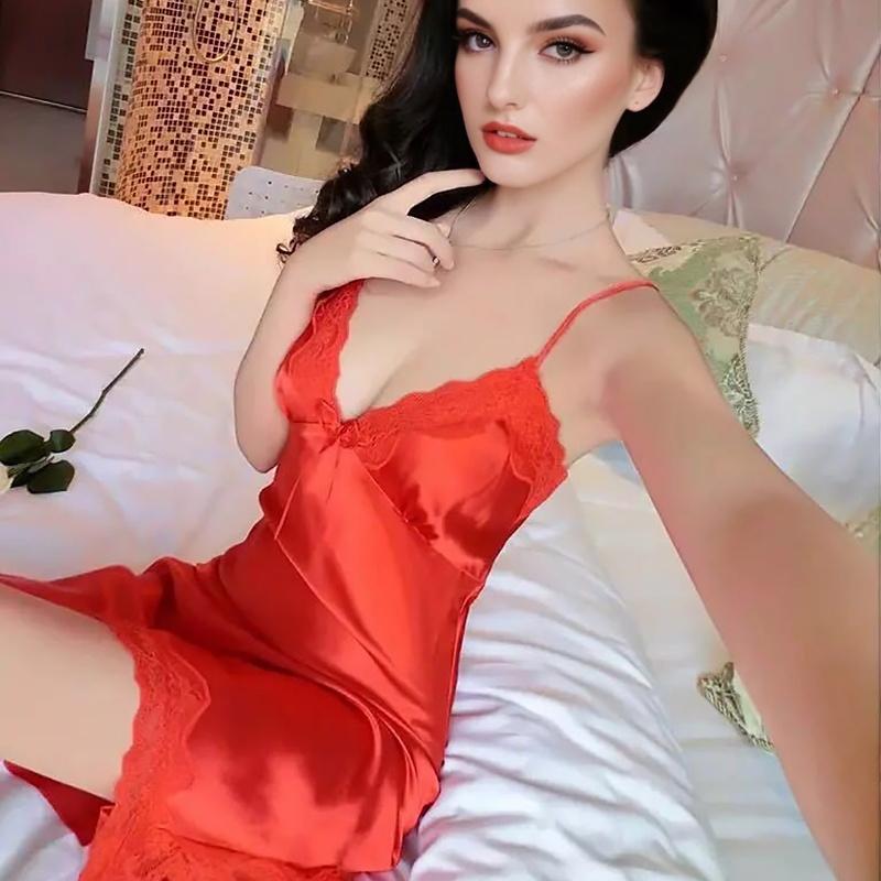 Women Bow Ribbon Bedroom Nightwear Comfortable Solid Color Sleepwear Polyester Summer Lace Ruffle Design Satin 6 Colors