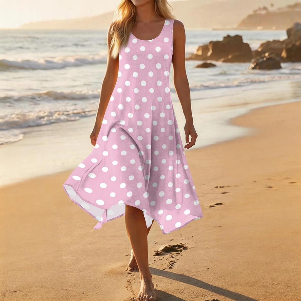 Women Sleeveless Polka Dot Print Midi Dress Crew Neck Casual Loose Fit Asymmetrical Hem Lightweight Sundress