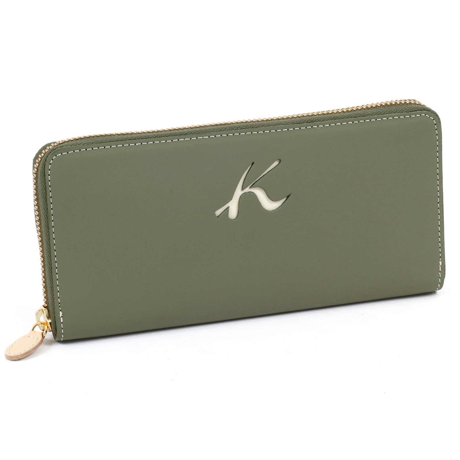 

Kitamura Leather Long Wallet with a Unique Texture, KhakiIvory Stitching, PH0538, Green, 33915