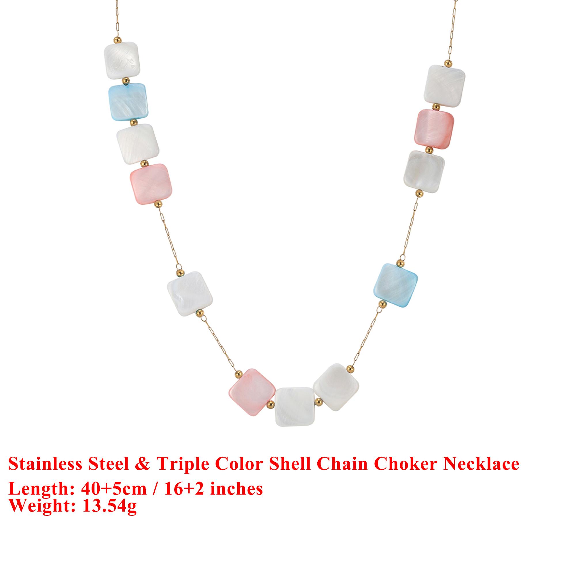 

EFFIE QUEEN Stainless Steel 18k Gold Triple Color Square Shell Chain Choker Necklace Natural Jewelry for Women, Men Gift STMN02