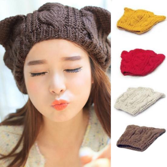 Women's Winter Knit Crochet Braided Cat Ears Beret Beanie Ski Knitted Hat Cap