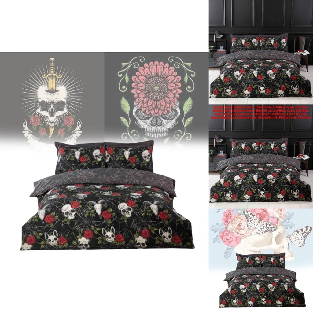 Halloween Totenkopf und Rose Wendbare Bettbezug-Set Mit Cartoon-Muster Für Schlafzimmer-Dekoration
