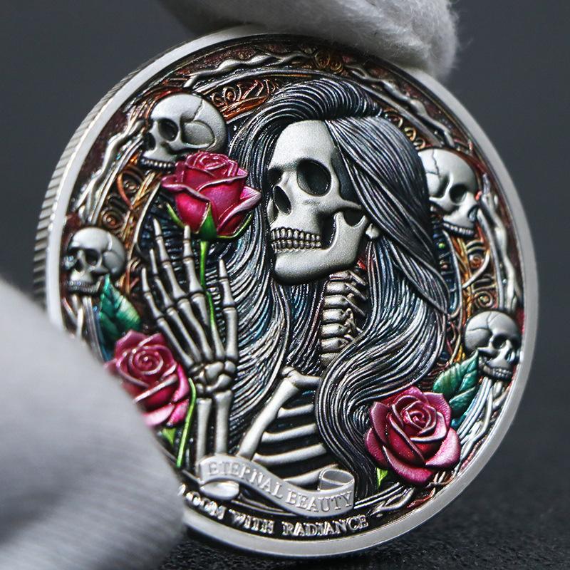

Цветная памятная монета с изображением черепа розы, высокий рельеф, серебряное и золотое покрытие, ручная работа, памятная медаль, монета, рождественский подарок серебряный