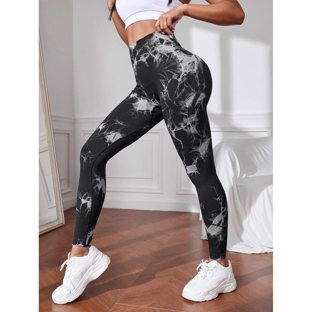 Seamless Tie Dye High Waist Leggings - Black M - Polyester/Spandex - Shaping & Push-Up Effect - Fitness Activewear
