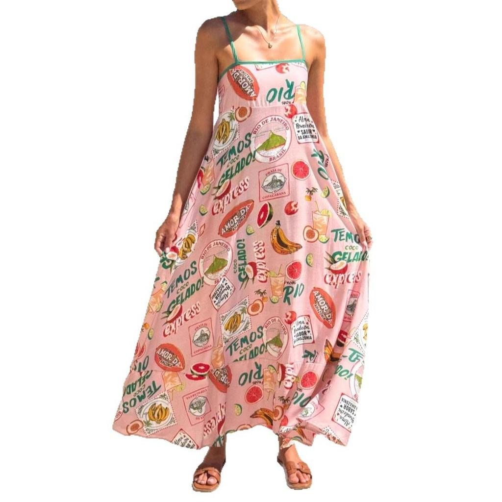 Women's Boho Floral Beach Sundress Sleeveless Summer  Maxi Dress Spaghetti Straps Casual Smocked Flowy A-Line Dress Party Long Dresses for Women